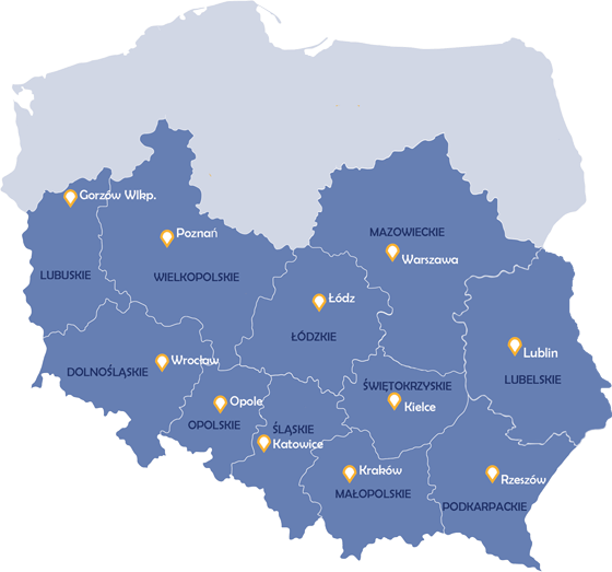 Mapa Polski z zaznaczonymi województwami obsługiwanymi na trasach do Niemiec: lubuskie, wielkopolskie, dolnośląskie, opolskie, śląskie, łódzkie, małopolskie, świętokrzyskie, mazowieckie, lubelskie i podkarpackie